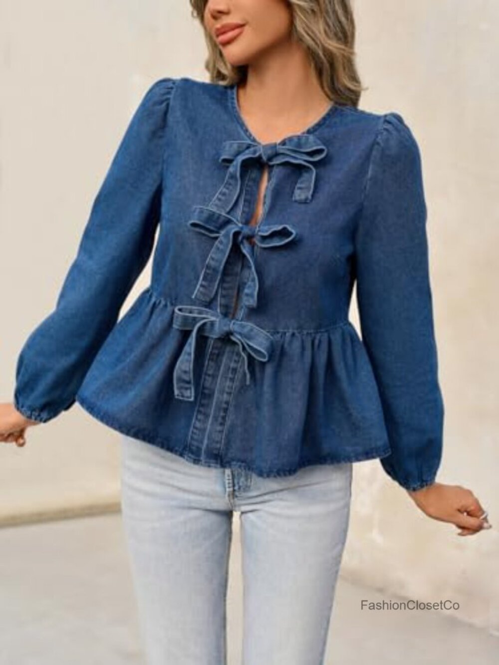 Women's Denim Babydoll Blouse with Long Puff Sleeves - Picture 4 of 6